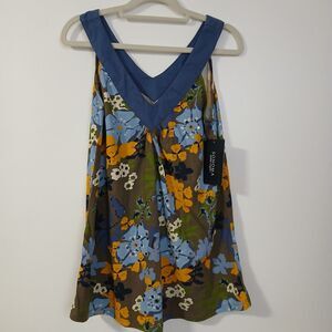 NWT Sonoma Blue Brown w/Sequins Sleeveless 100% Cotton Floral Blouse Top Medium